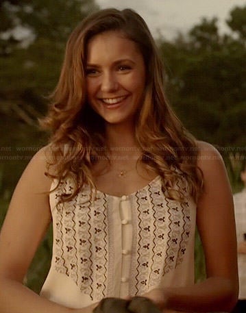 Elena's white embroidered button front top on The Vampire Diaries
