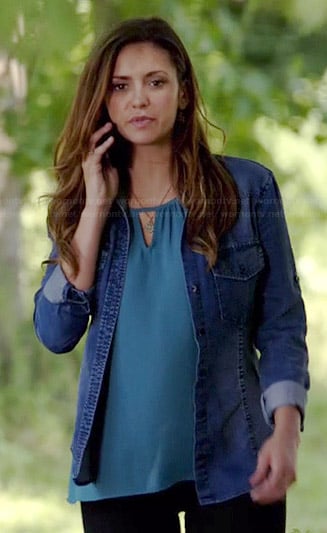 Elena's teal keyhole tank top and denim shirt on The Vampire Diaries