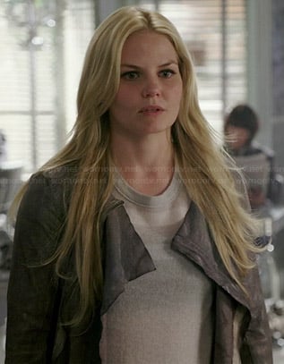 Emma's grey snake leather jacket and grey striped sweater on Once Upon a Time