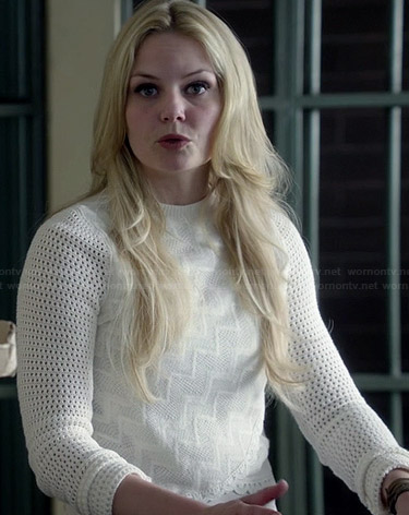 Emma’s white lace trimmed sweater with mesh sleeves on Once Upon a Time