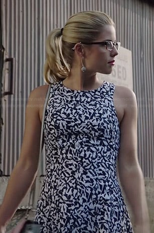 Felicity’s white and navy abstract printed dress on Arrow
