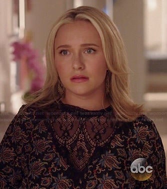 Juliette’s black printed blouse with lace inset on Nashville