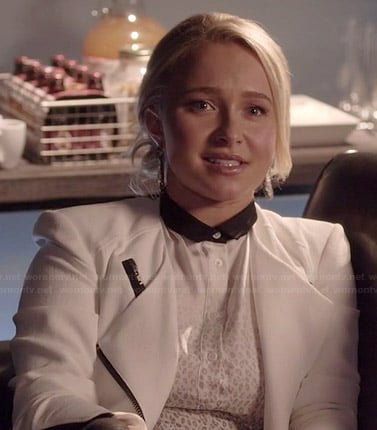 Juliette's white cheetah print top with contrast collar and white jacket on Nashville