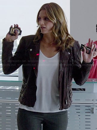 Kate's brown leather moto jacket on Castle