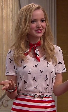 Liv's Eiffel Tower printed tee, red striped skirt and polka dot bow belt on Liv and Maddie