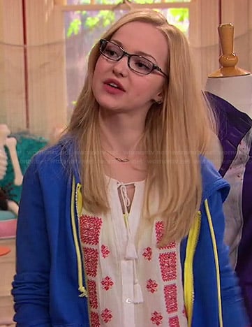 Maddie’s white and red embroidered peasant top on Liv and Maddie