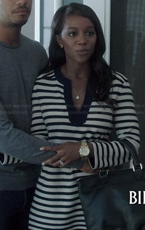 Michaela's navy striped split-neck tunic on How to Get Away with Murder