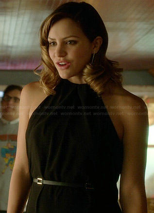 Paige's black open back belted gown on Scorpion
