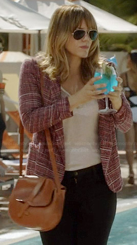 Paige’s red tweed blazer and tan leather bag on Scorpion