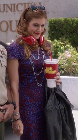 Rebecca's red and blue leopard print dress and leather jacket on Bad Judge