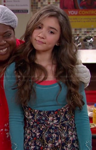 Riley's blue long sleeved top and floral overalls on Girl Meets World