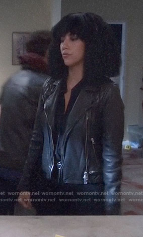 Rosa’s black leather jacket with zip waist and quilted shoulders on Brooklyn Nine-Nine