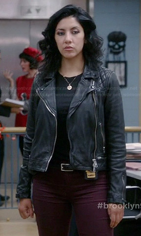 Rosa’s black leather jacket with zip waist and quilted shoulders on Brooklyn Nine-Nine