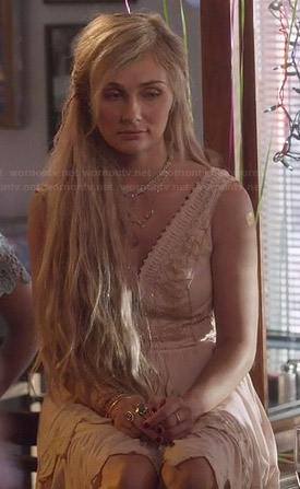 Scarlett's beige embroidered v-neck dress on Nashville