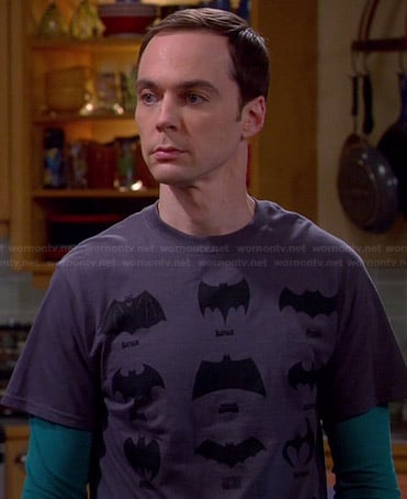 Sheldon’s Batman logos through the ages tee on The Big Bang Theory