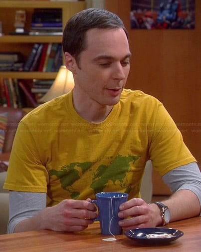 Sheldon's yellow world map graphic tee on The Big Bang Theory