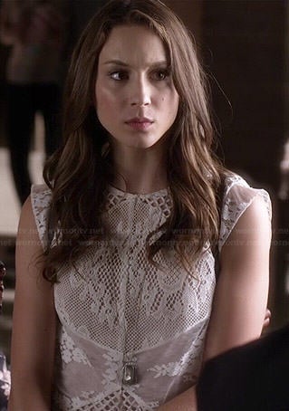 Spencer’s white mesh and lace top on Pretty Little Liars