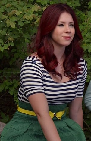 Tamara's green textured skirt, yellow bow belt and striped top on Awkward