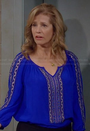 Vanessa's blue embroidered peasant blouse on Last Man Standing