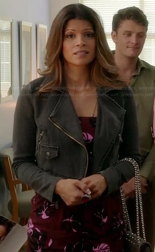 Xiomara's burgundy tropical printed playsuit and cropped denim jacket on Jane the Virgin