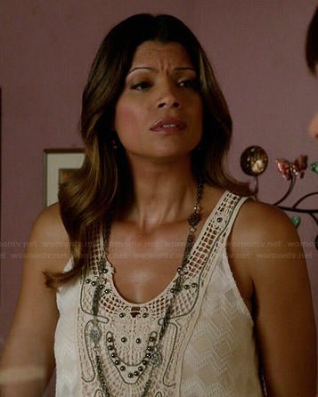 Xiomara's white crochet and beaded tank top on Jane the Virgin