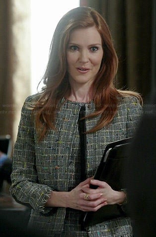 Abby's grey tweed jacket and dress with black back on Scandal