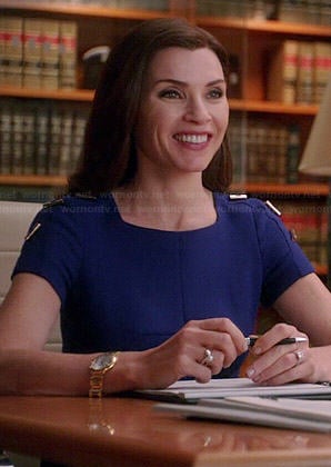 Alicia’s blue dress with toggle shoulder details on The Good Wife