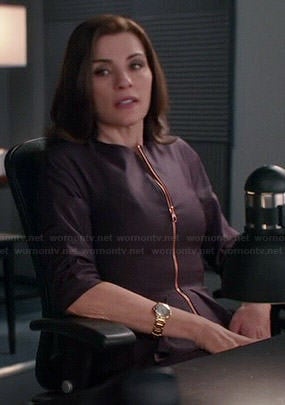 Alicia’s purple zip front peplum jacket on The Good Wife