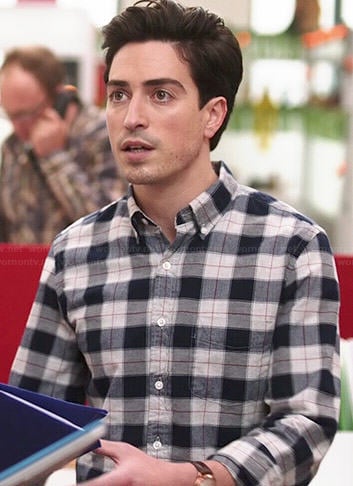 Andrew's white and navy plaid shirt on A to Z