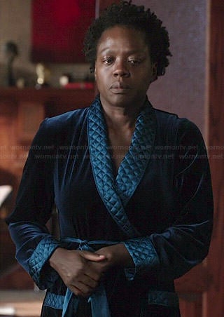 Annalise’s blue velvet robe with quilted trim on How to Get Away with Murder