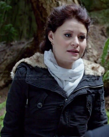 Belle's black fur trim coat and dagger printed scarf on Once Upon a Time