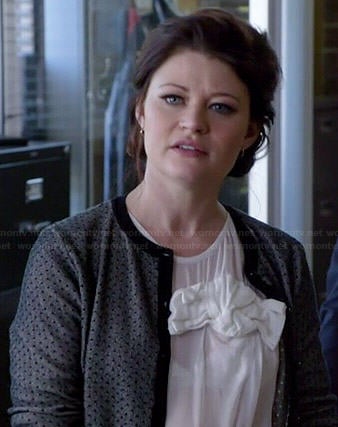 Belle's white knotted bow top and grey polka dot cardigan on Once Upon a Time