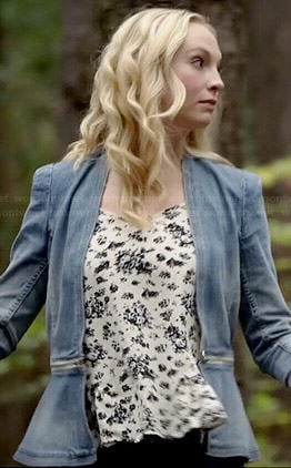 Caroline’s denim peplum jacket and floral cami on The Vampire Diaries