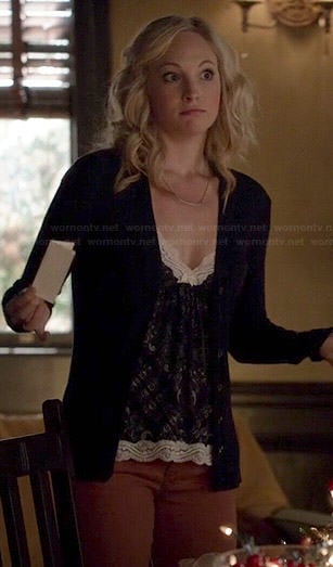 Caroline’s navy lace trim cami on The Vampire Diaries