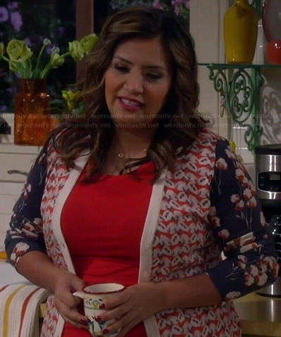 Cristela's blue and red mixed floral print cardigan on Cristela