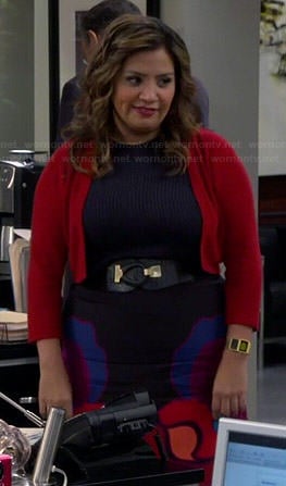 Cristela’s black skirt with large floral print on Cristela