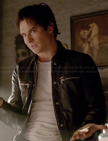 Damon’s leather zip pocket jacket on The Vampire Diaries