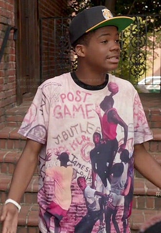 Dash's basketball graphic tee and tiger hat on Red Band Society