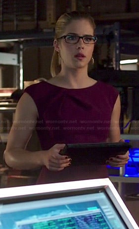 Emily's purple pleated neck dress on Arrow