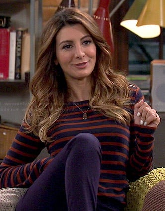 Jane's orange and navy striped top with shoulder zips on Mulaney