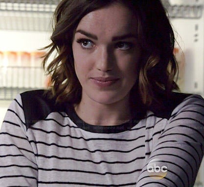 Jemma's striped top with leather shoulders on Agents OF SHIELD