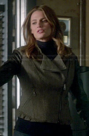 Kate's grey ruffled hem jacket with leather sleeves on Castle