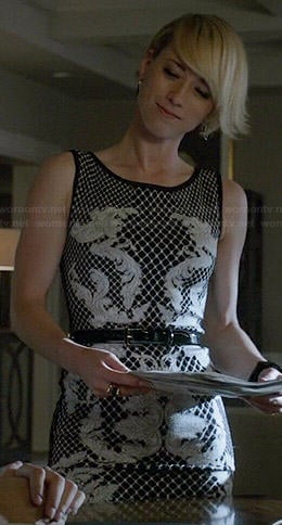 Margaux’s black and white baroque print dress on Revenge