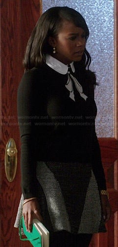 Michaela's black collared bow sweater and grey panelled tweed skirt on How to Get Away with Murder