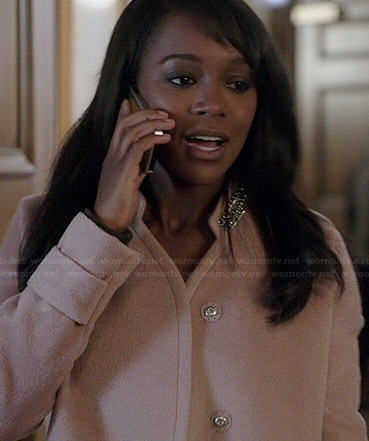 Michaela's pink coat with embellished collar on How to Get Away with Murder
