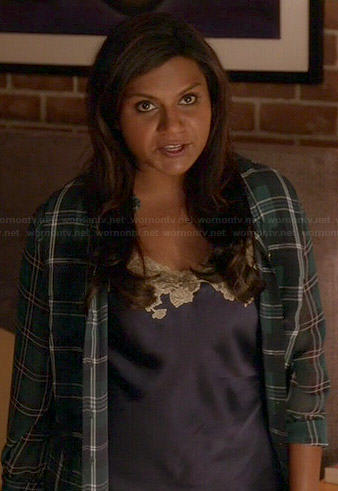 Mindy's navy lace trimmed chemise and green plaid shirt on The Mindy Project