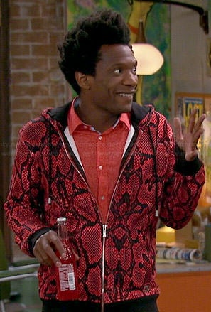 Motif's red snake print hoodie on Mulaney