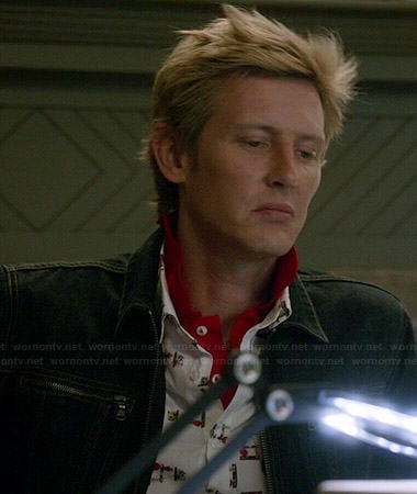 Nolan's white and red printed shirt and zip pocket denim jacket on Revenge