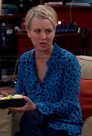 Penny’s turquoise blue leopard print blouse on The Big Bang Theory