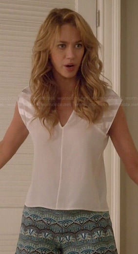 Petra's white striped sleeve top and blue printed shorts on Jane the Virgin
